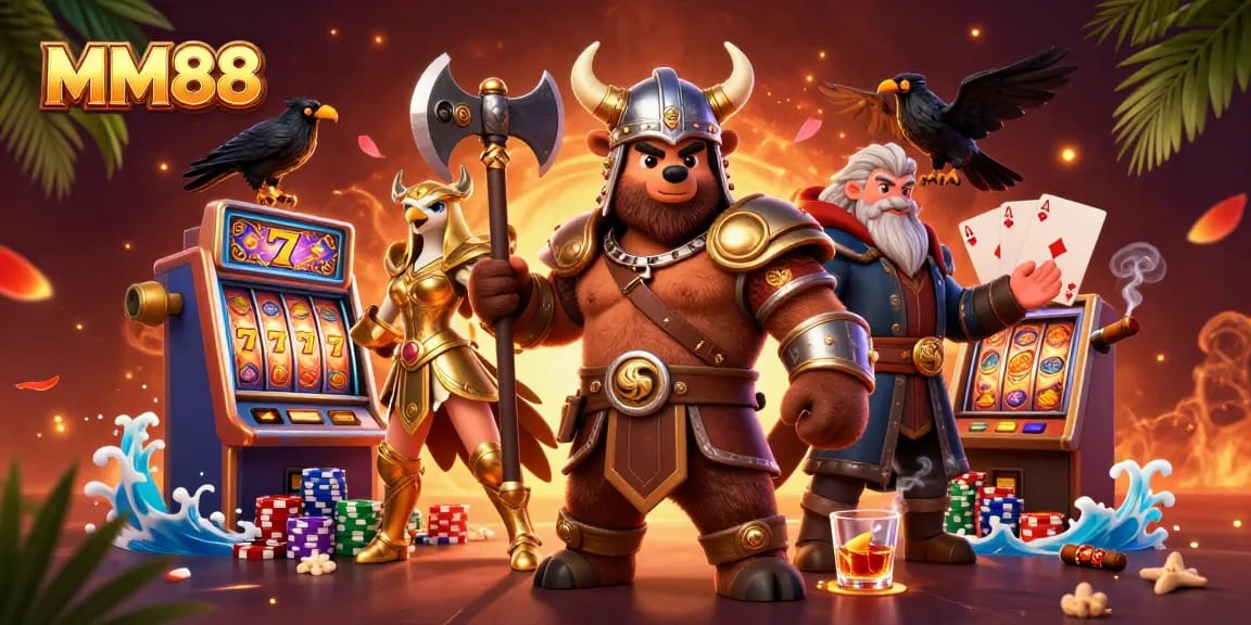 Spin the slot reels with MM88's vibrant gaming scene featuring exciting characters and rich casino elements.