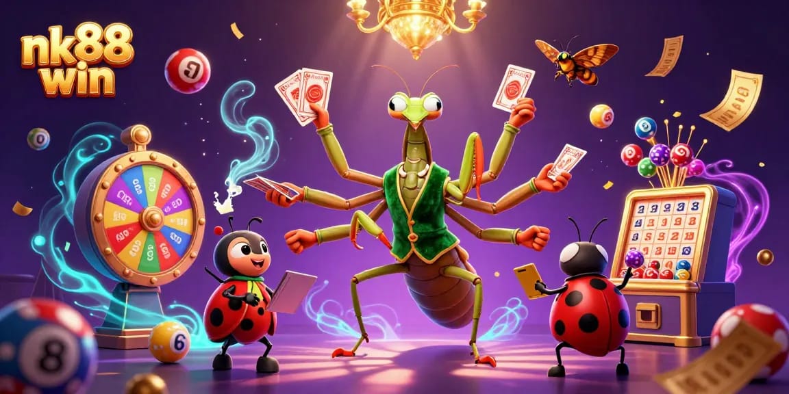 Experience nk88 win excitement in a vibrant casino scene with colorful elements and engaging characters.
