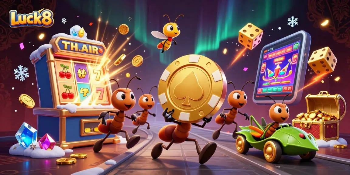Luck8 showcases a vibrant heist scene with giant poker chips, lively characters, and casino elements.