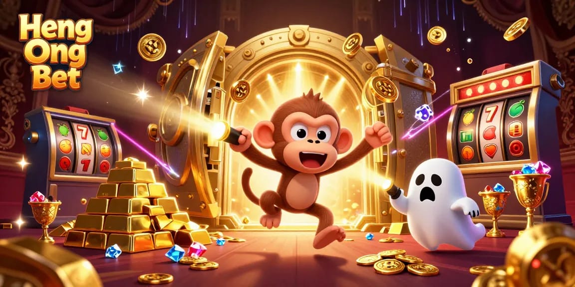 Engage with Heng Ong Bet's vibrant casino scene featuring a mischievous monkey juggling golden treasures and a curious puppy.
