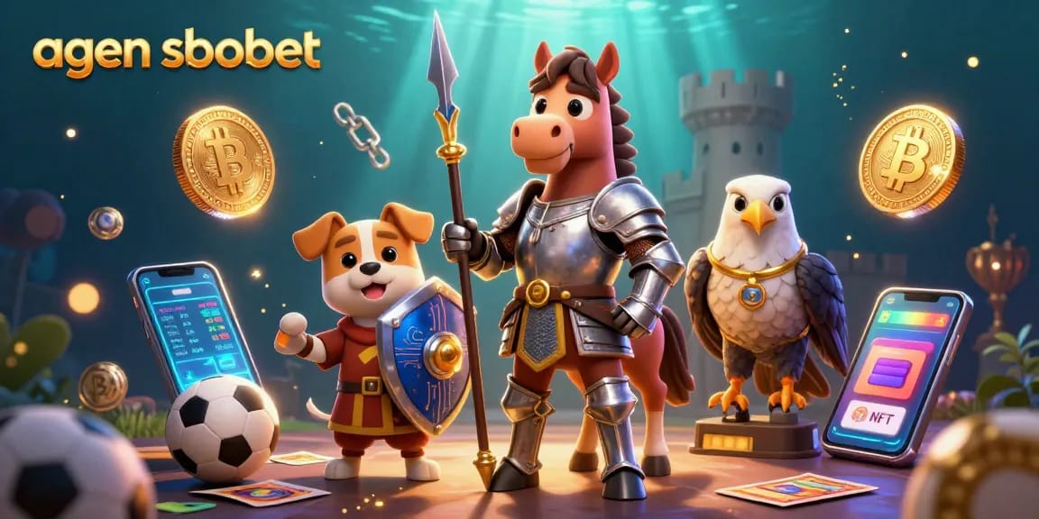 A vibrant scene depicting agen sbobet action featuring a knight, a puppy, and sports elements with 3D coins.