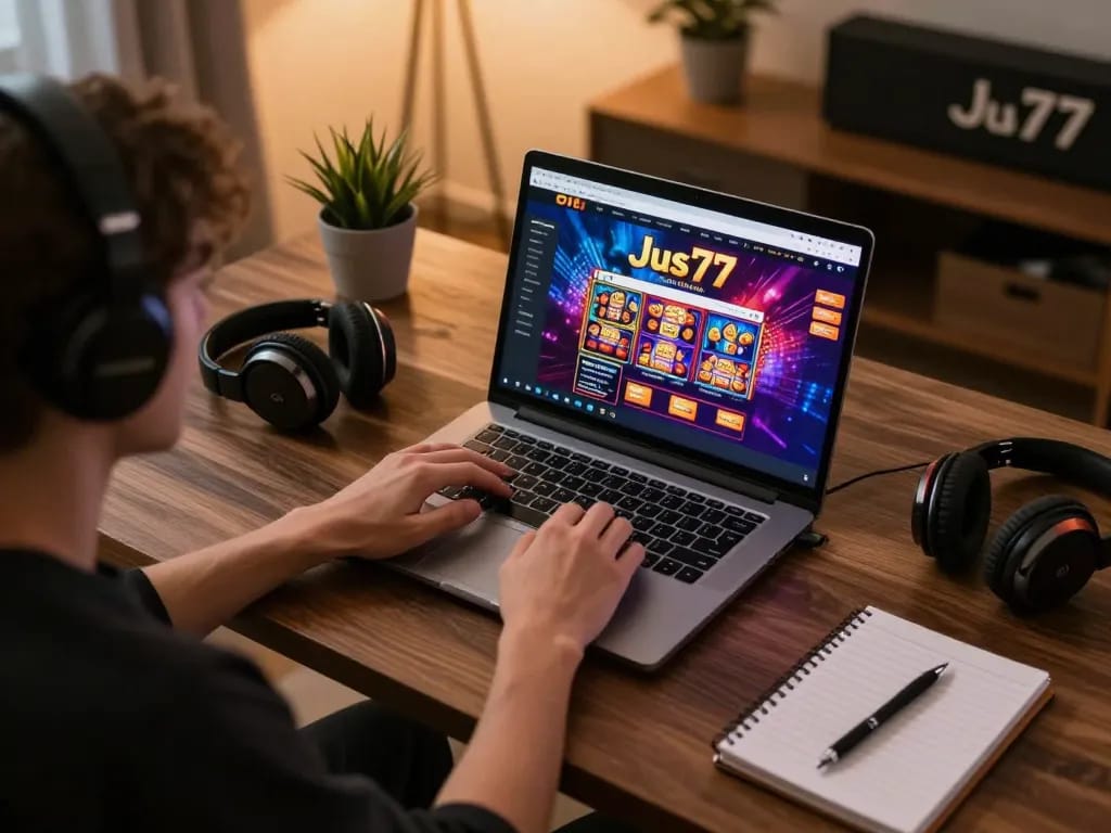 Engaging gameplay experience on Jus77 with colorful slot graphics in a cozy home setting