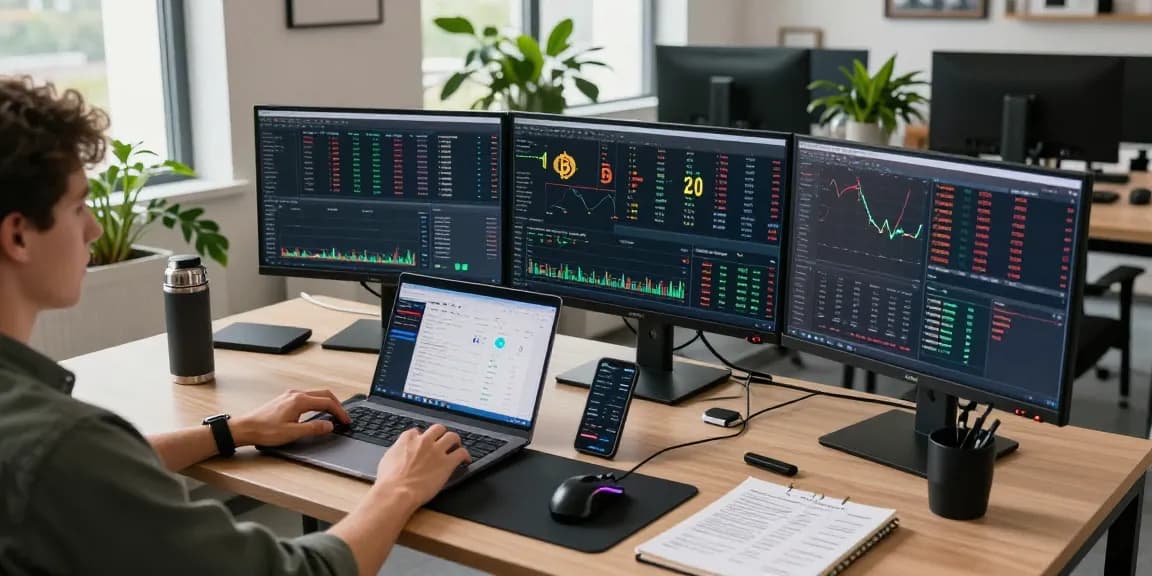 Cricbet digital wallet interface on trading monitors in a modern crypto workspace showcasing live Bitcoin prices and DeFi metrics.