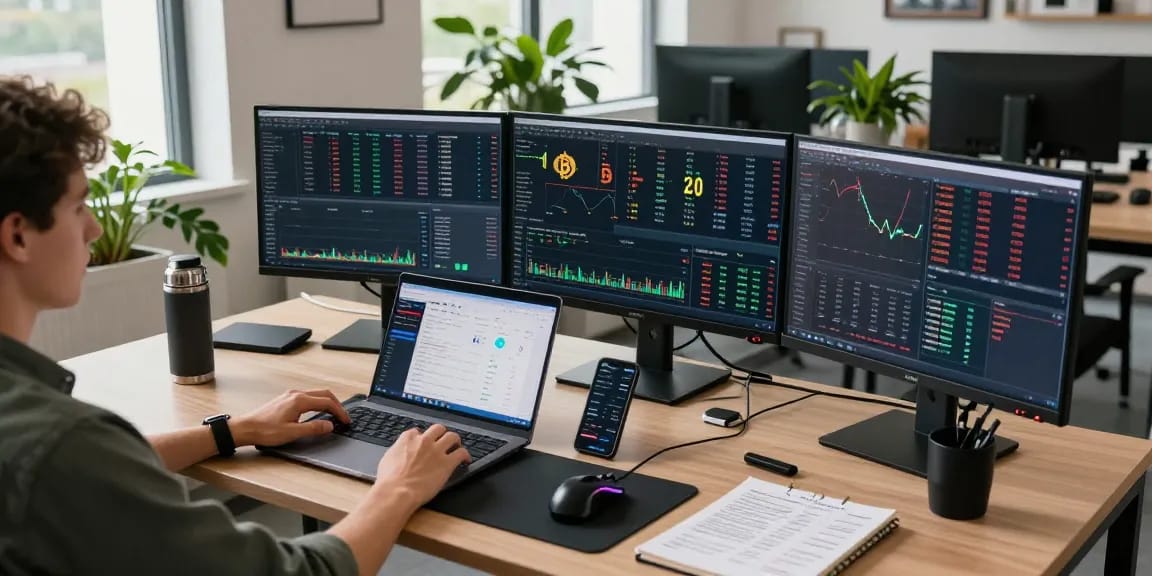Cricbet digital wallet interface on trading monitors in a modern crypto workspace showcasing live Bitcoin prices and DeFi metrics.