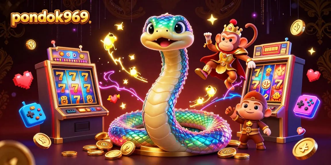 Pondok969 entices players with a vibrant scene featuring a rainbow serpent, a monkey king, and exciting slot machines.