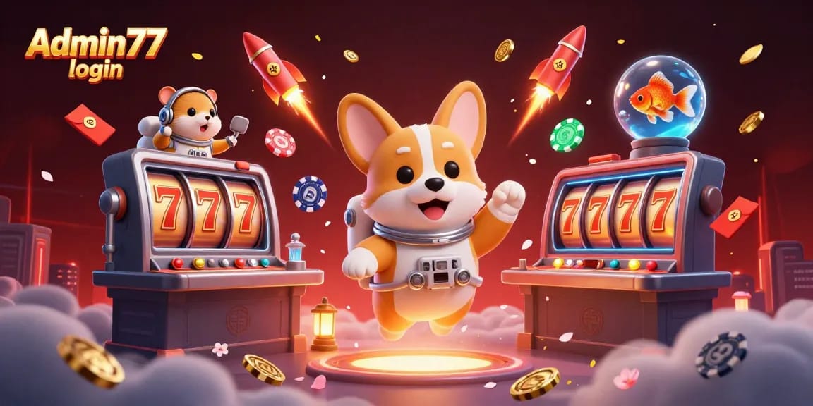 Experience thrilling gameplay with Admin77 login, as the corgi astronaut celebrates wins in a vibrant casino atmosphere.