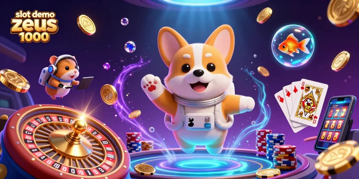 Engage in the exciting slot demo zeus 1000 with a vibrant 3D space casino illustration showcasing dynamic characters and gaming elements.