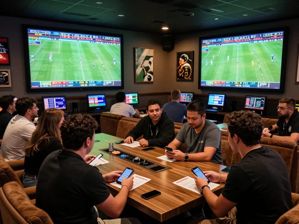 Tylekeonhacai88 sports betting lounge with fans engaged in live match and strategic betting.