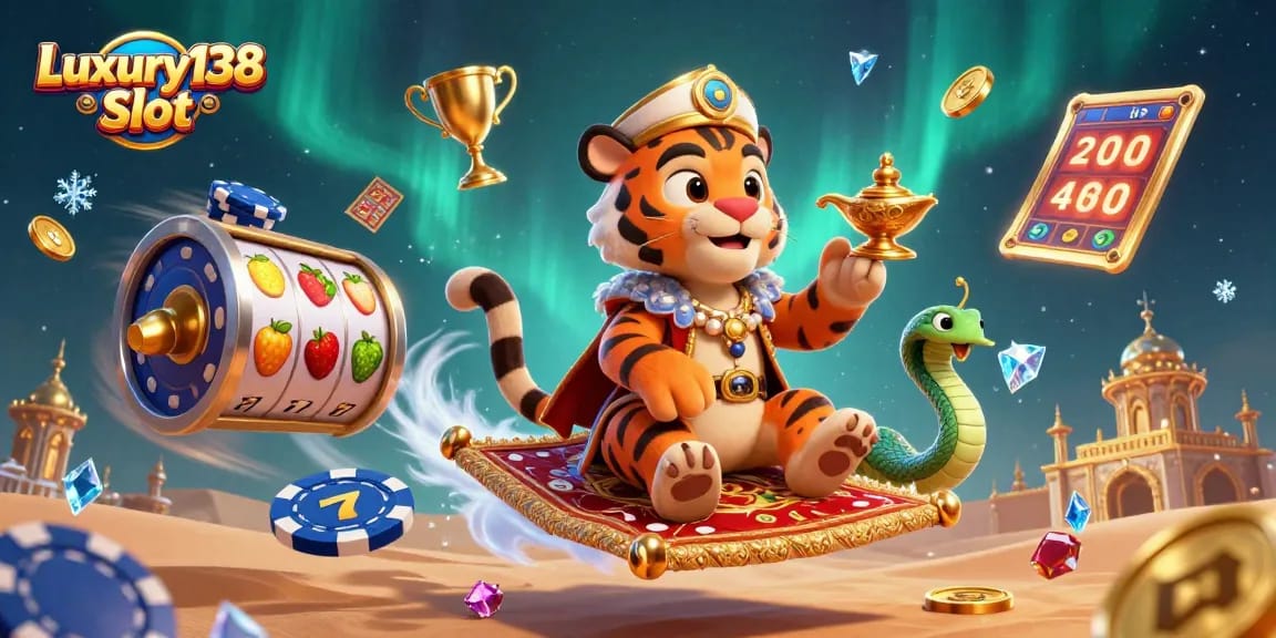 Play Luxury138 Slot with an Arabian Nights-themed illustration featuring vibrant elements and characters.