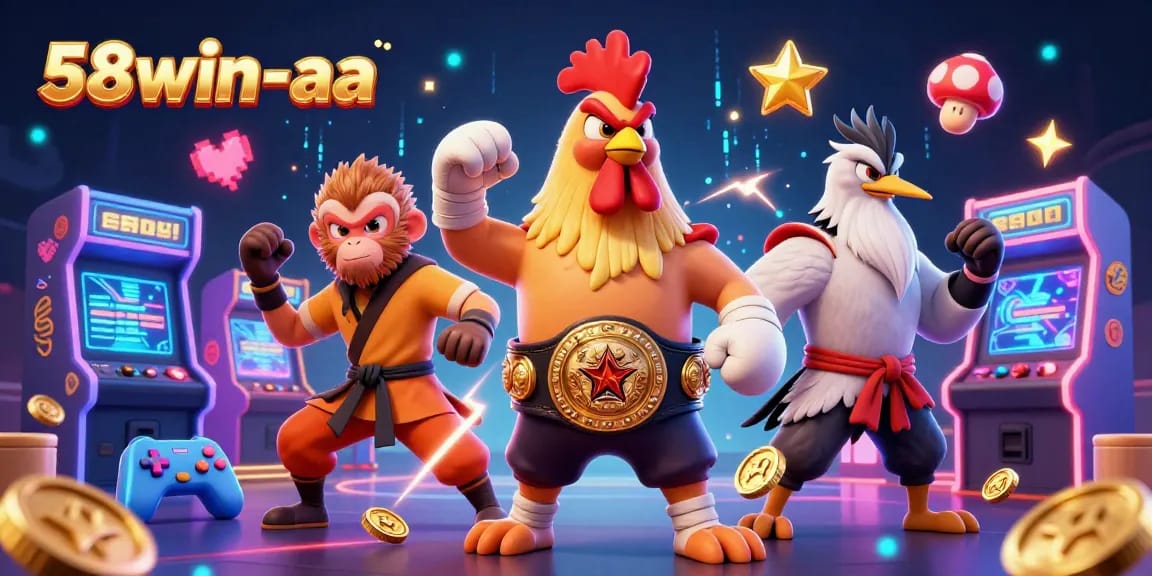 Engage in thrilling action at 58win-aa with a vibrant 3D casino scene featuring martial arts characters and gaming elements.