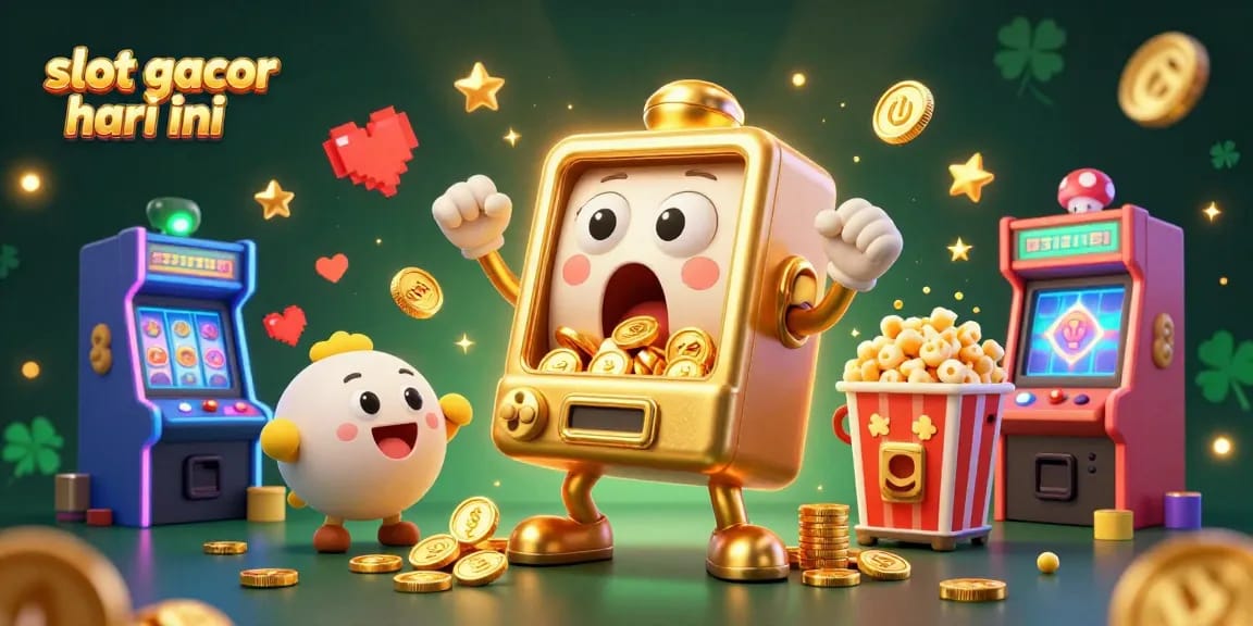 Menangkan slot gacor hari ini dengan mesin slot emas yang mengeluarkan koin, dikelilingi oleh karakter ceria.
