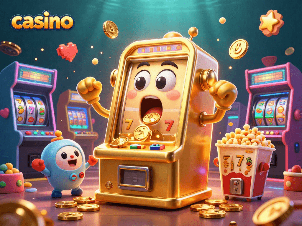 Casino scene featuring a joyful golden slot machine celebrating a jackpot with cheering baby slots and popcorn machine.