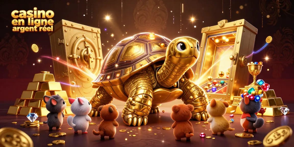 Jouez dans un casino en ligne argent réel avec une tortue géante ludique et des trésors scintillants.