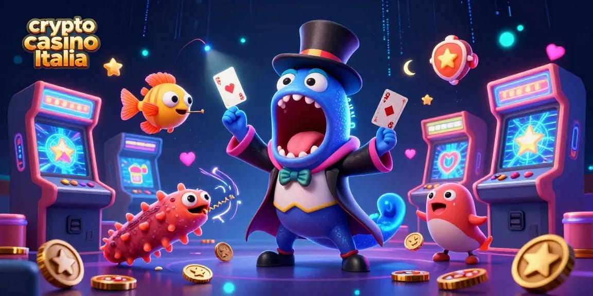 Gioca nel crypto casino Italia, dove un'anguilla bioluminescente esegue trucchi di magia con carte.