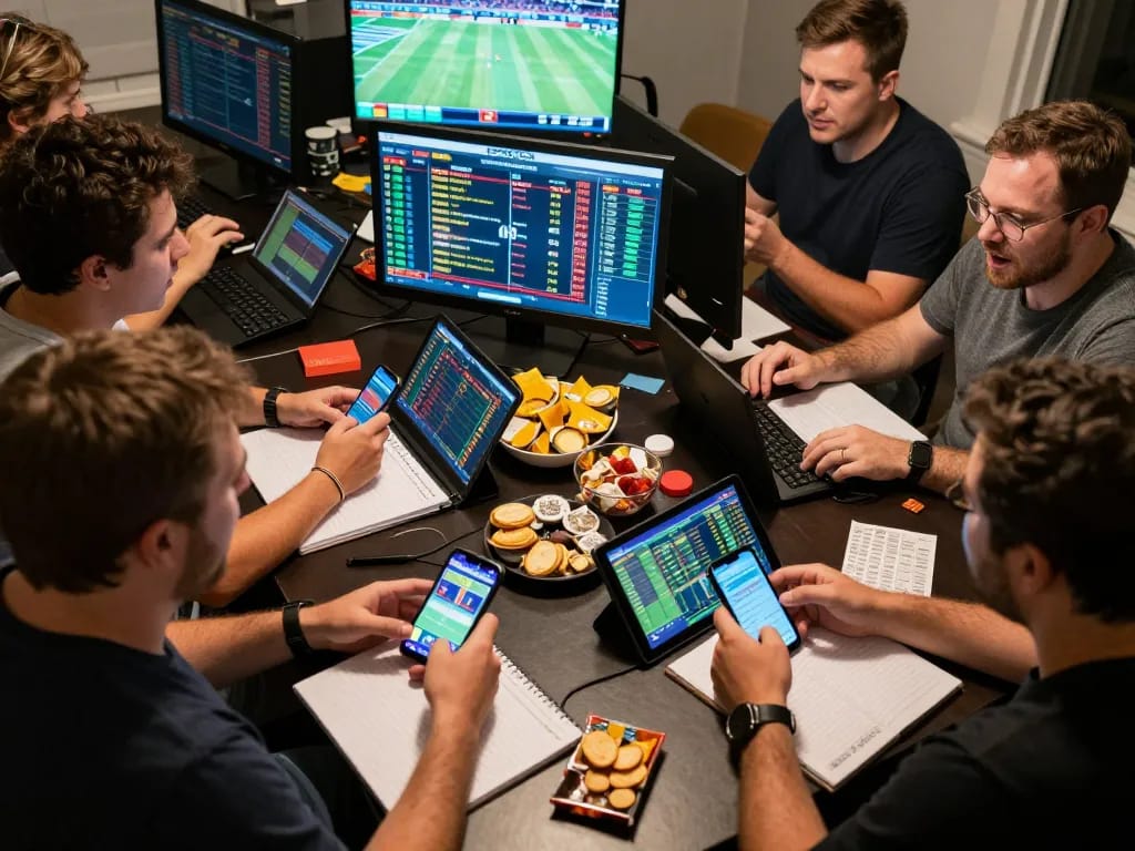 People engaged in sports betting at home with nhandinhkeonhacai apps on smartphones, excited expressions visible