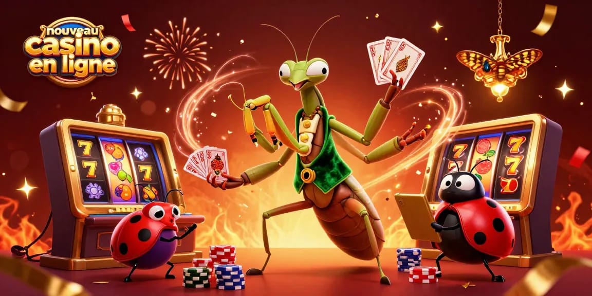 Jouer avec enthousiasme dans un nouveau casino en ligne entouré de confettis et de personnages de casino animés.