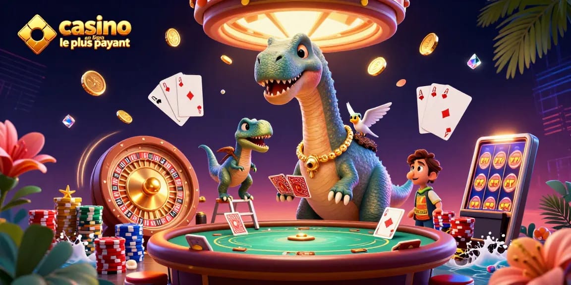 Jouer au casino en ligne le plus payant avec le brontosaurus et le raptor, entourés de jetons et de gains.