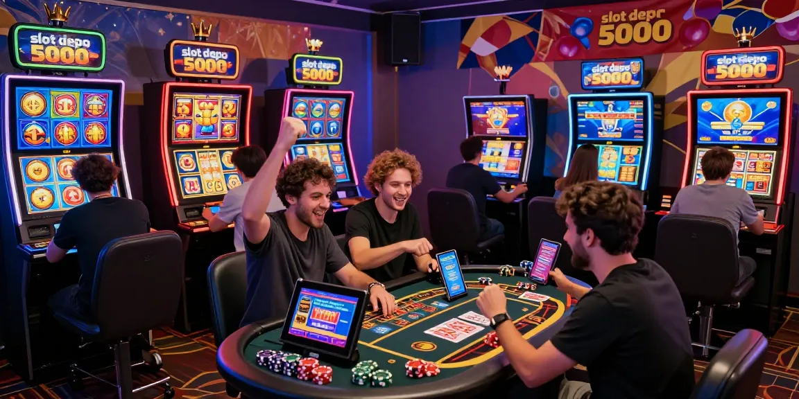 Excited players celebrating wins while playing slot depo 5000 games at a vibrant online casino.