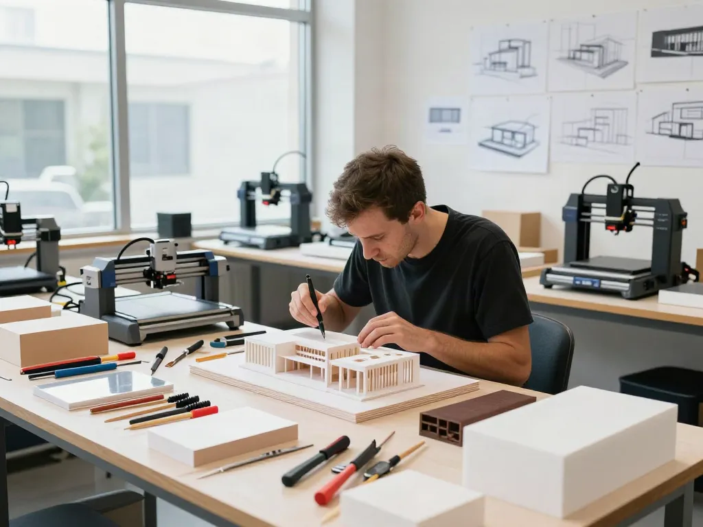 Architectural model maker France in a workshop creating intricate models with precision tools.