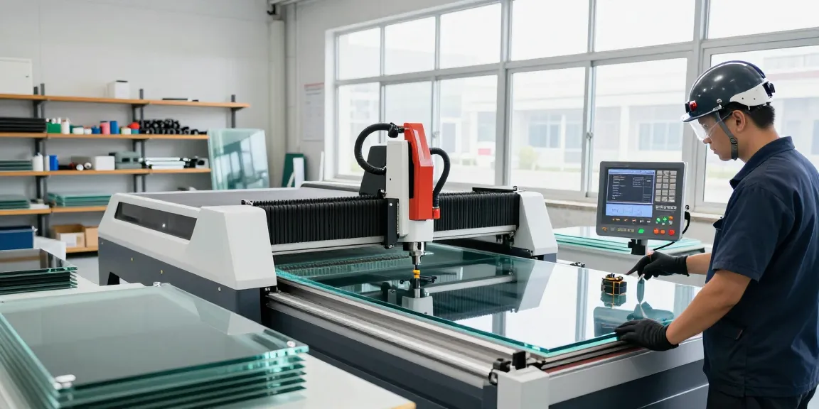 CNC glass cutting machine in a modern workshop, showcasing precision and technology in glass processing.