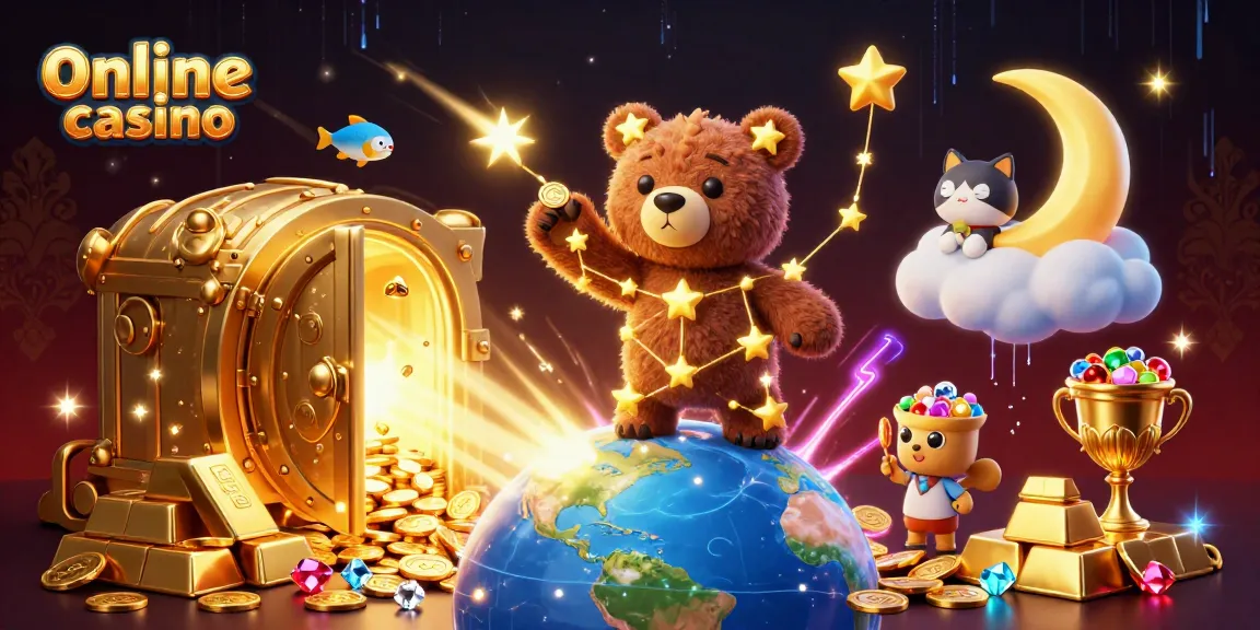 Engaging scene of online casino characters collecting coins with vibrant treasures around them.