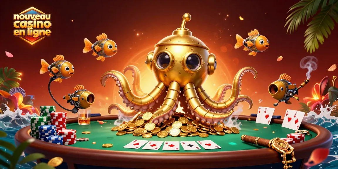 Découvrez un nouveau casino en ligne avec une ambiance festive, des cartes de poker et une mer de pièces d'or.