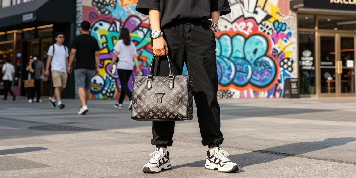 Fashionable individual showcasing a high-quality 레플리카 bag in a dynamic urban setting.