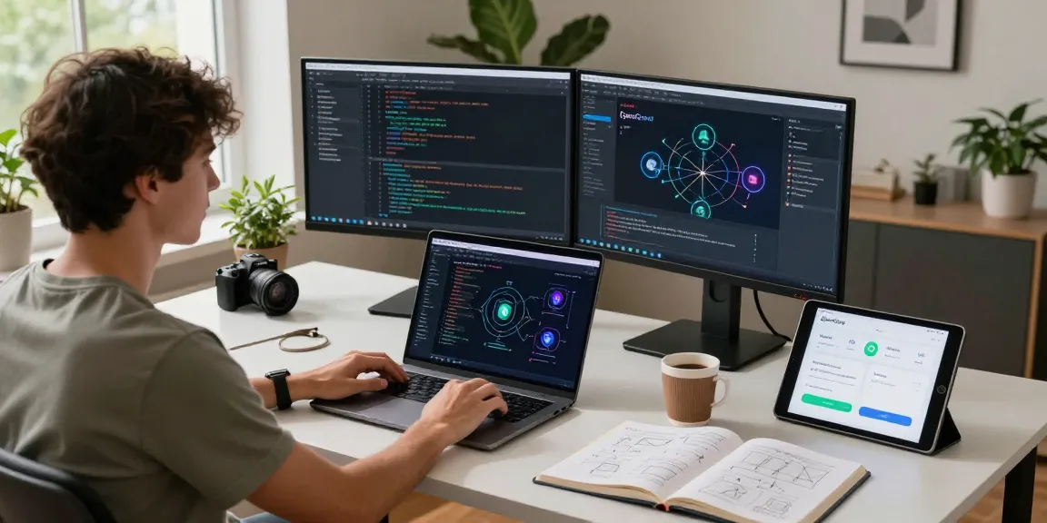 Professional setting showcasing OpenClawd AI in action, with dual monitors, coding, and personal automation.