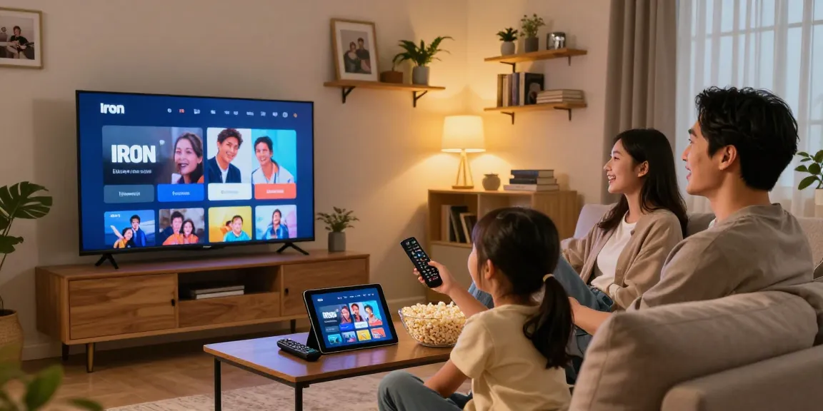 Family enjoying Iron TV streaming in a cozy living room setting.