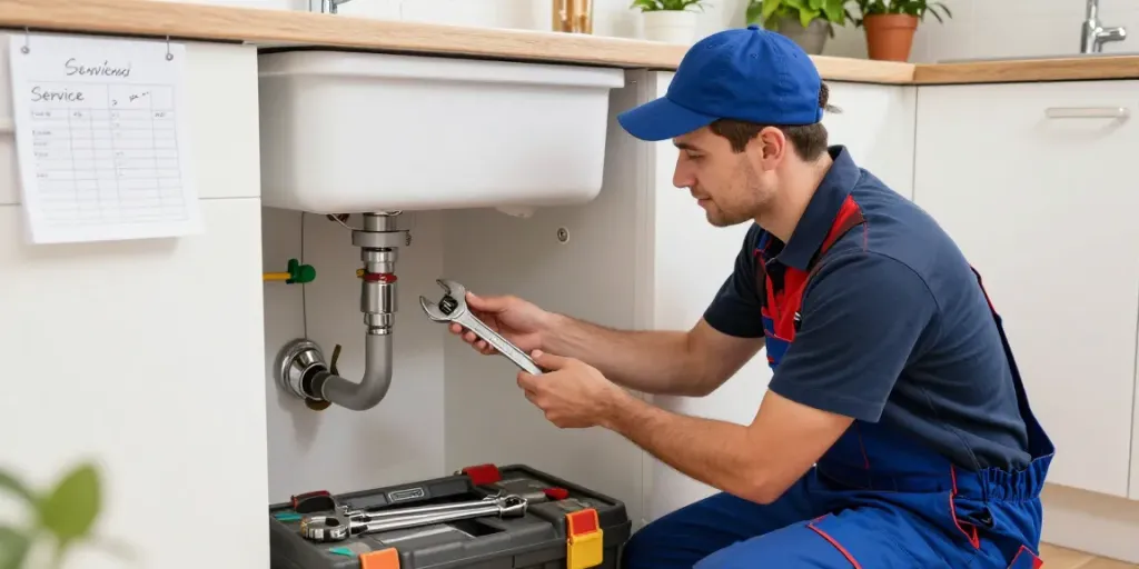 Plumber London inspecting a water leak under the sink in a modern kitchen while displaying professionalism and expertise.