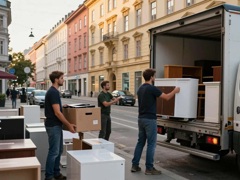 Effizientes Team bei der Entrümpelung Wien mit professionellen Umzugshelfern, die Haushaltsgegenstände auf einer sonnigen Straße organisieren.