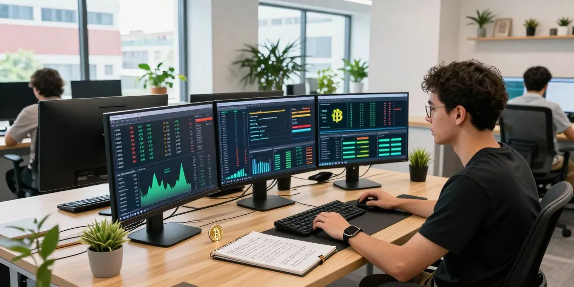 green energy cloud mining in a cryptocurrency trading workspace with multiple screens showcasing blockchain technology data and mining analytics