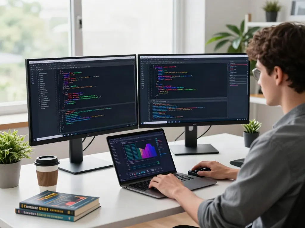 Developer coding with v2rayN displayed on multiple monitors in a modern tech workspace.