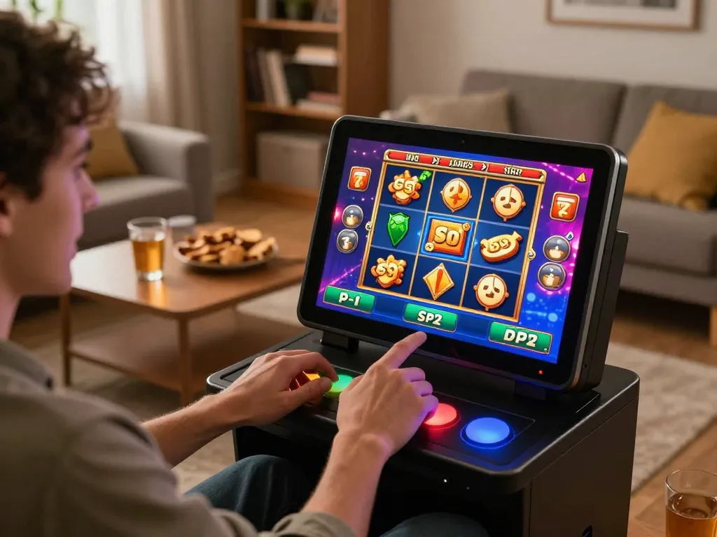 Engaging in online slot gacor hari ini gameplay, pressing spin button on a flashy tablet interface in a cozy home