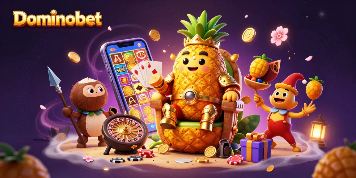 Experience thrilling gameplay with Dominobet's vibrant casino illustration featuring slot games and characters.