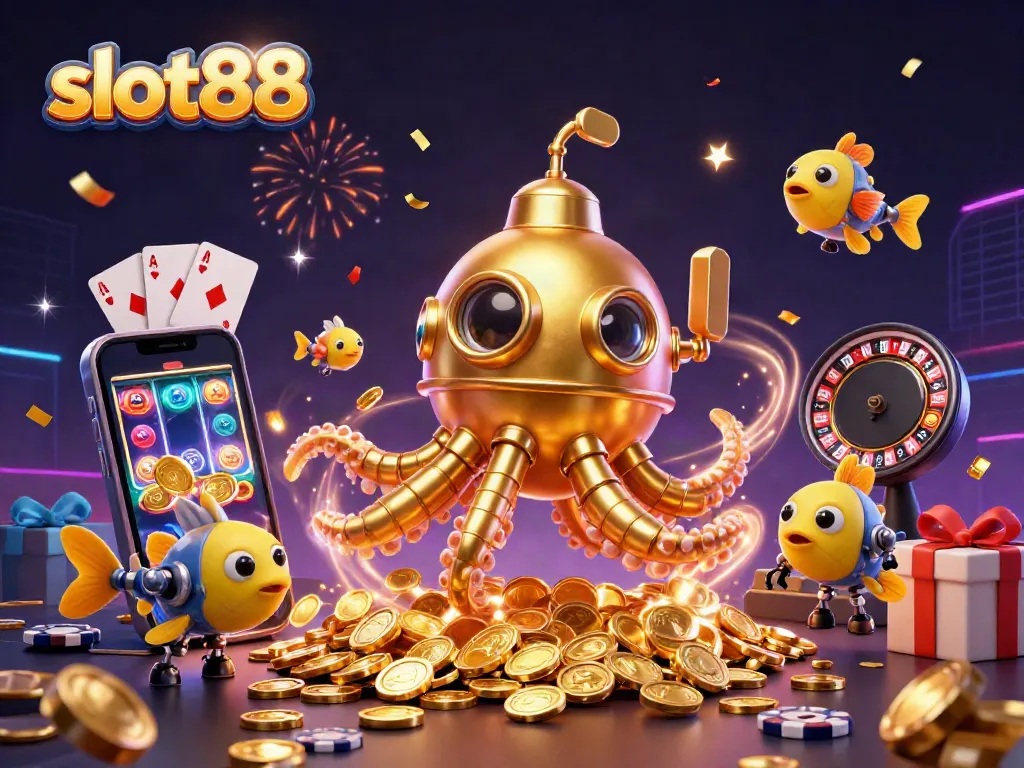 Engaging slot88 scene featuring a kraken submarine amidst spinning reels and casino elements.