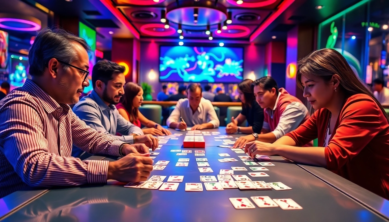 Players immersed in an exciting game of yono rummy at a lively gaming lounge.