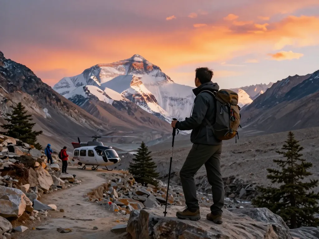 Stunning view of the Everest Base Camp Trek with Helicopter Return at sunset, adventurer taking in majestic mountain peaks.