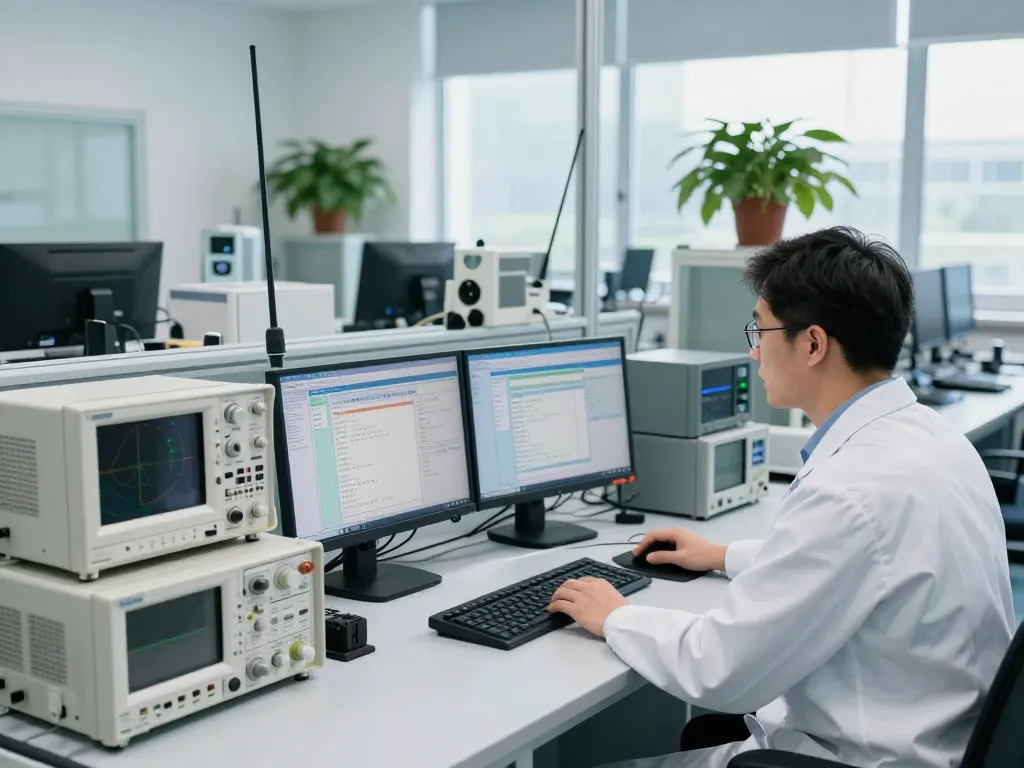 Testing laboratory scene focused on ISED compliance with an engineer analyzing RF equipment.
