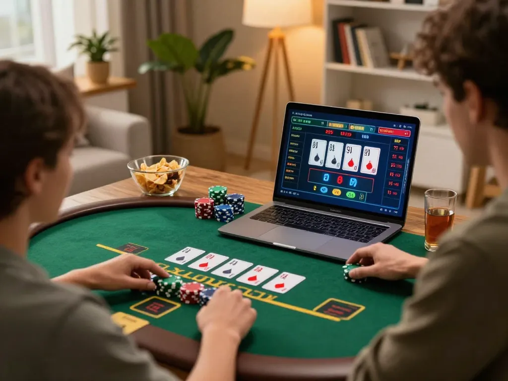 Person playing blackjack on a laptop in a cozy home setting, fabet highlights strategic online gambling.