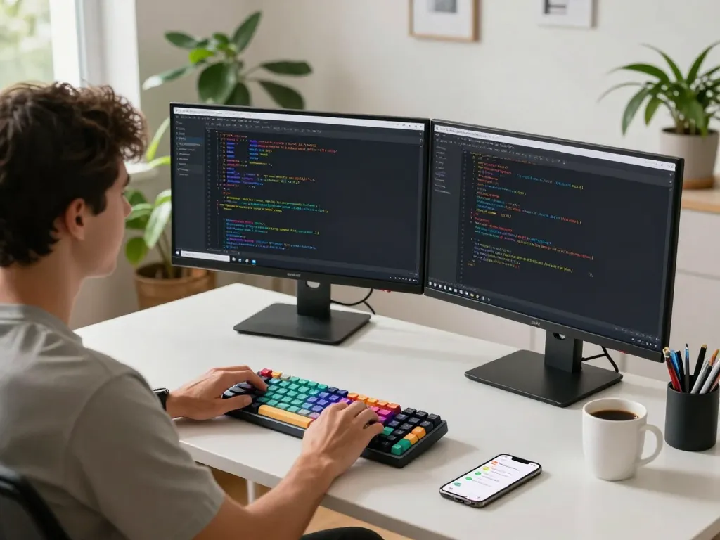 Developer using ClawdBot in a modern workspace with dual monitors and natural light