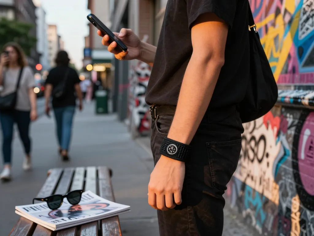 Stylish individual showcasing an elegant armband schwarz stoff in urban setting.