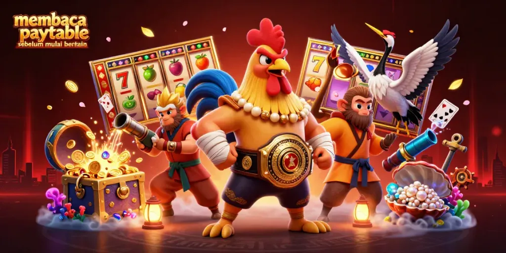 Membaca paytable sebelum mulai bermain slot dengan simbol beruntung dan jackpot yang terhampar menarik.
