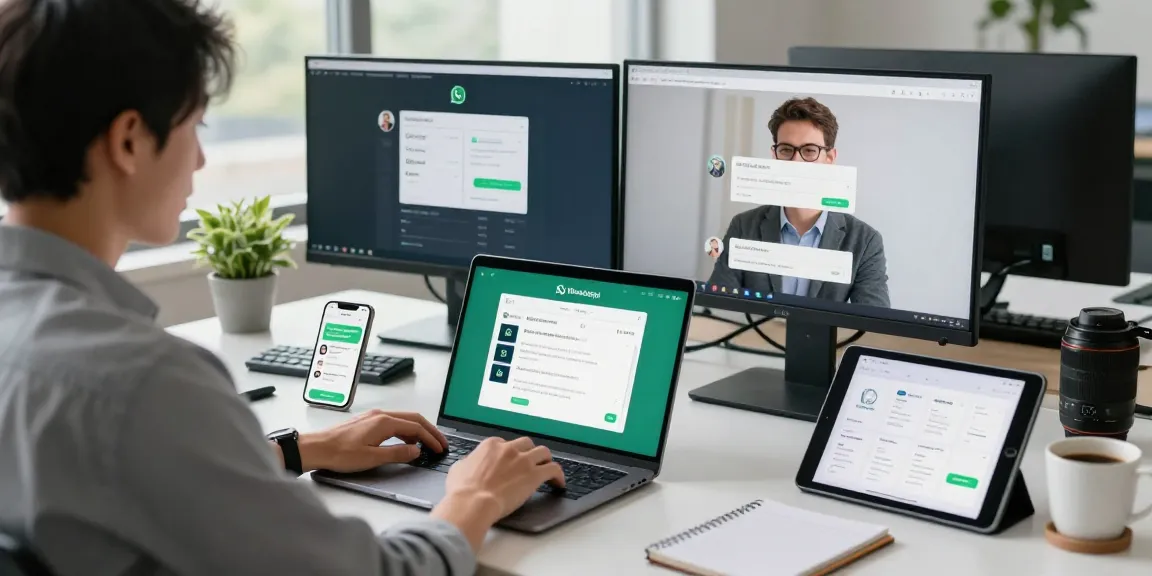 Professional using WhatsApp網頁版 on a dual-screen setup in a bright office environment.