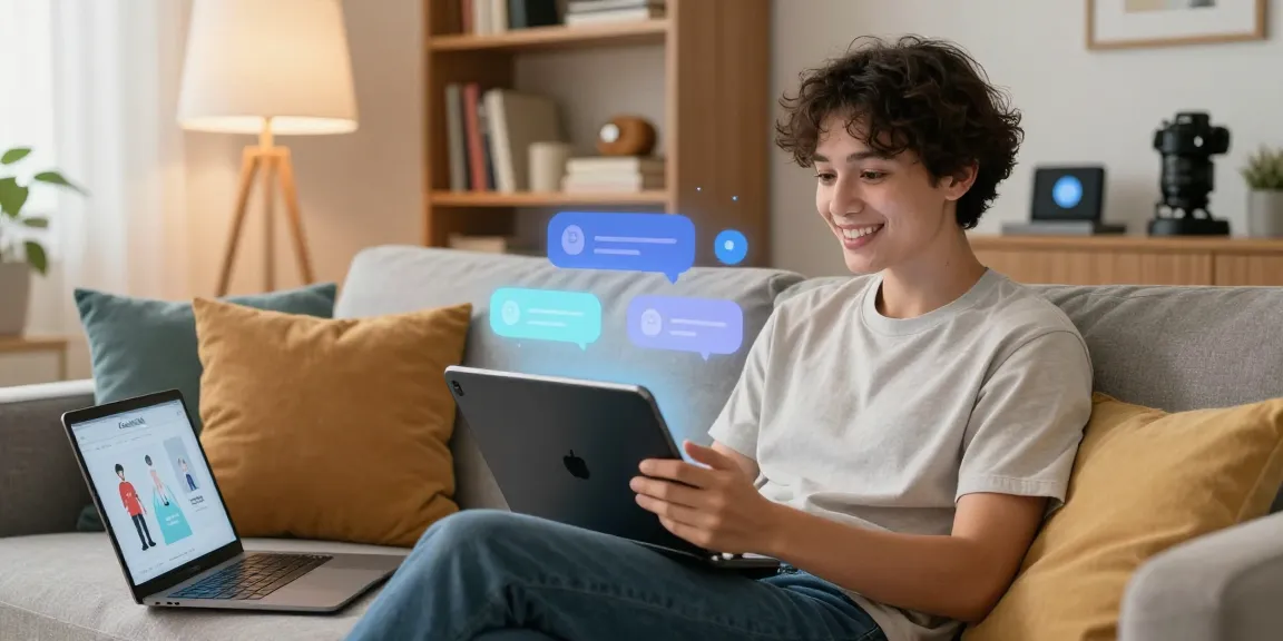 Interactive CrushonAI character chat scene on a tablet, showcasing user engagement in a cozy home setting with digital effects.