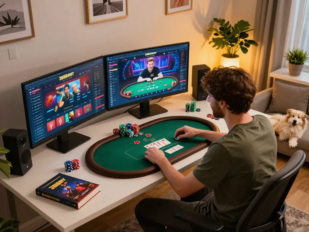 Engaging with 388bet online poker in a stylish home gaming setup.