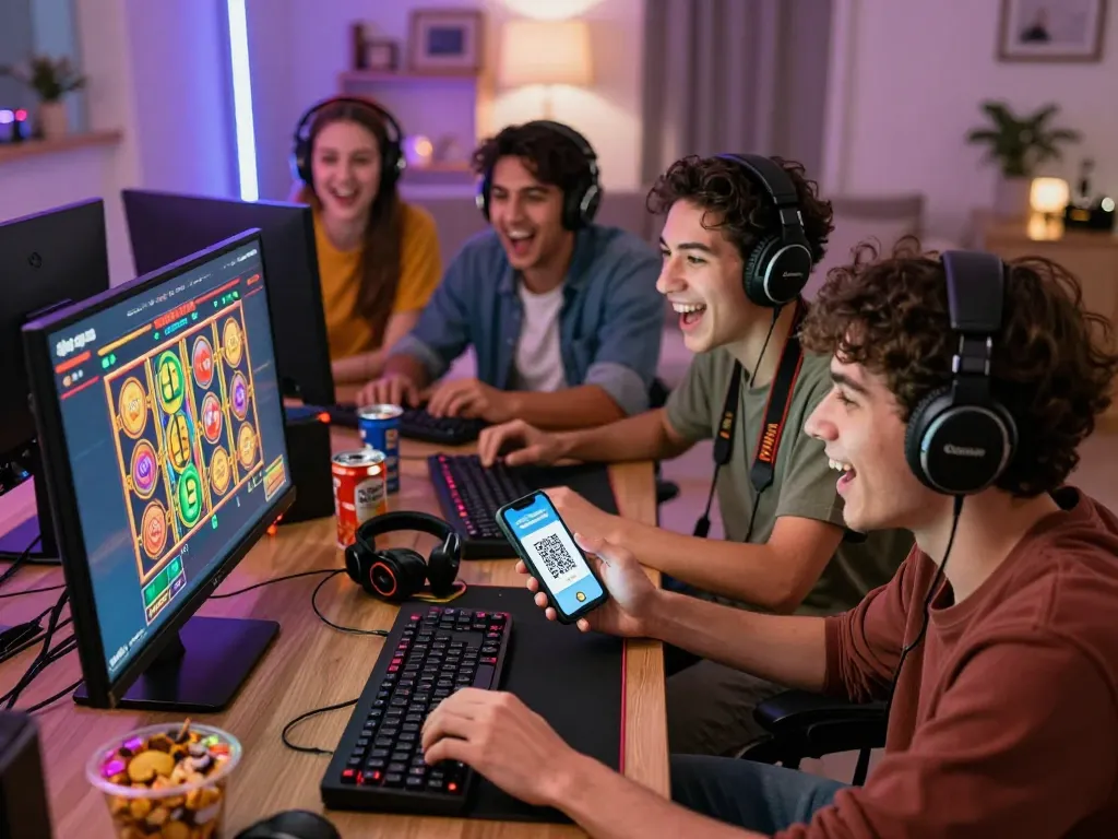 Group of friends enjoying slot qris gaming experience with instant deposits and colorful visuals.