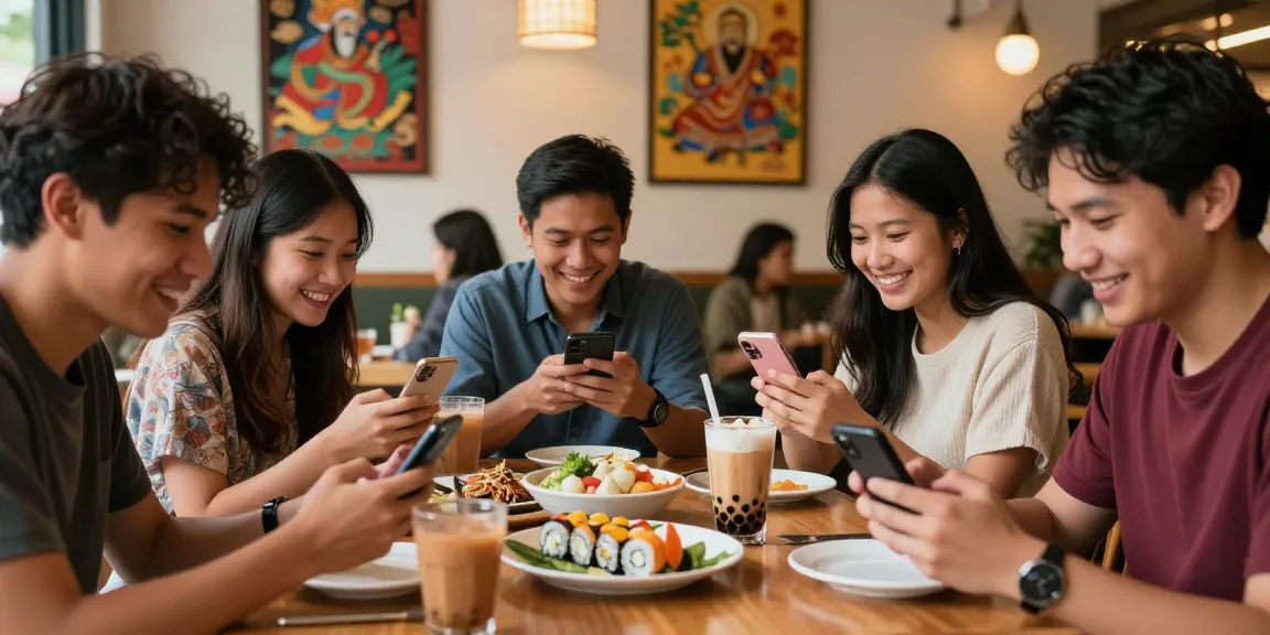 Sharing cultural experiences from https://hanadultalk.com in a vibrant café with Asian cuisine.