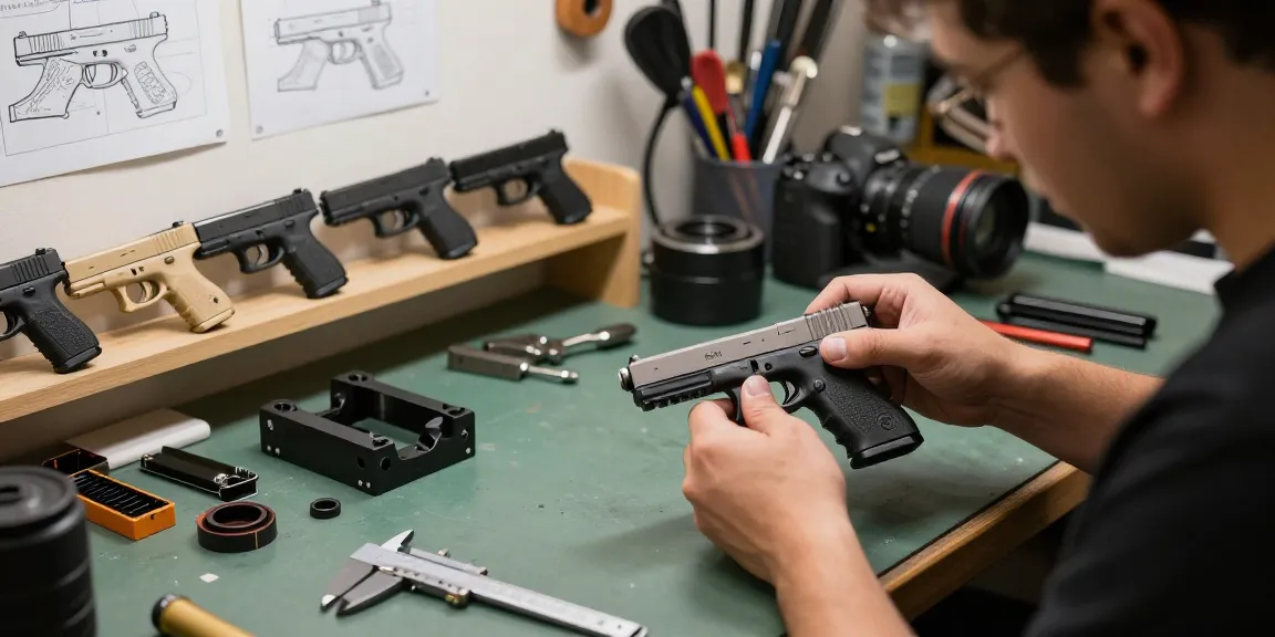 Customization of Glock slides in a professional workshop at https://precisionglockslides.com with tools and components.