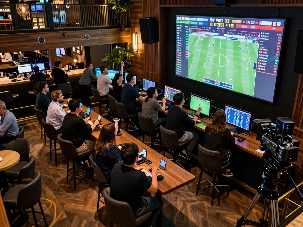 bk8 enthusiasts engaging in live sports betting at a stylish bar, cheering on teams while placing wagers.